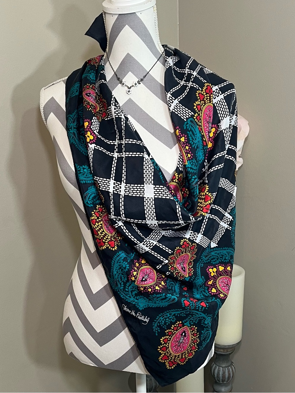 Diane Von Furstenberg 100% Silk Black Plaid Scarf Pink and Teal Paisley 90’s